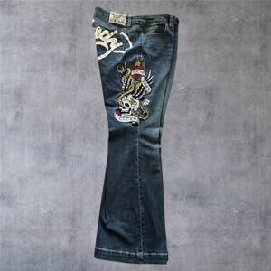 Ed Hardy NYC Eagle Skull Embroidered Flare Jeans Men's 34 NWT Y2K Tattoo Blue